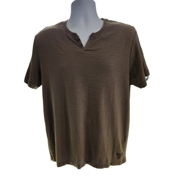 GUESS Mens XL Y2K Henley TShirt Brown Slub Cotton Short Sleeve Casual Streetwear - Picture 1 of 6